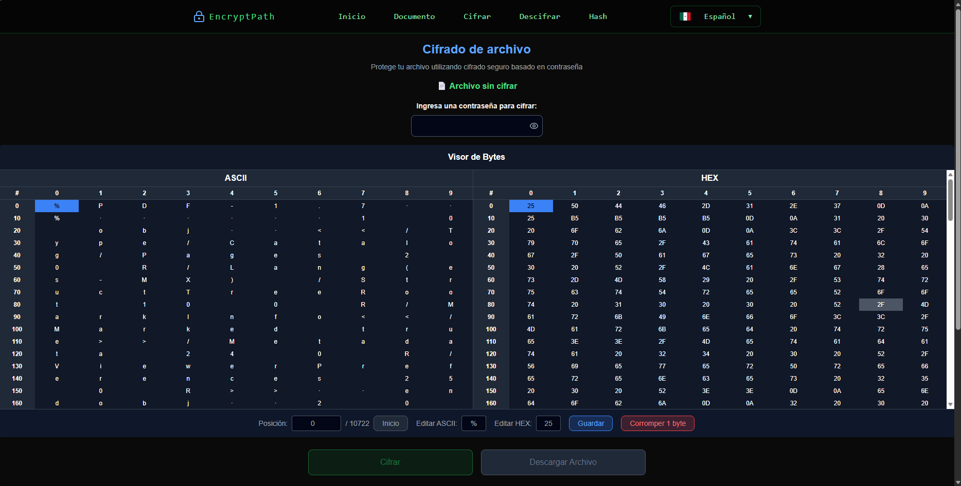 Cifrado y tablas ASCII HEX